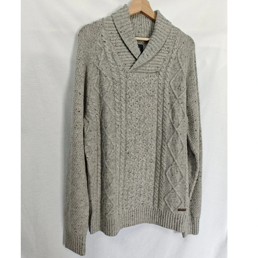 Lindbergh Sweater Shawl Collar Cable Knit Fisherman Style Pullover Gray‎ Wool XL